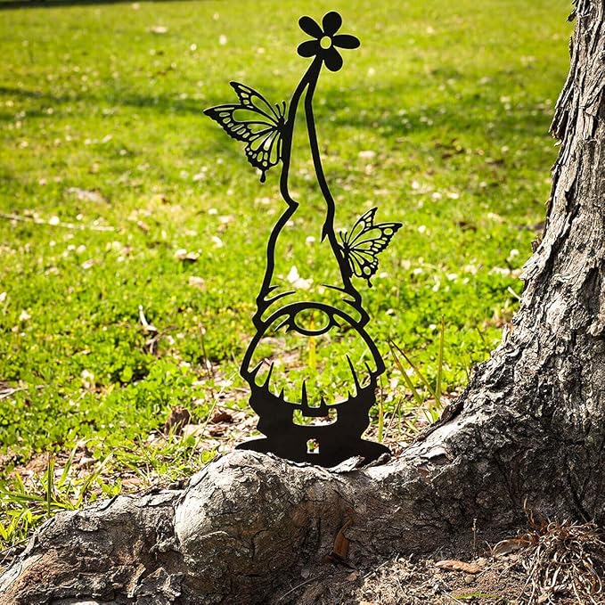 RealSteel Metal Garden Gnomes Outdoor – Steel 4 Pack Lawn Ornaments & Statues, Funny Yard Decor, Weatherproof Garden Decoration, Gift for Gardeners (Penny Vein)