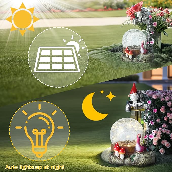 Solar Garden Outdoor Decor Dwarf Statue with Crackle Globe, Outside - Outdoor Decorations for Patio Yard Lawn Walkway Ornaments Clearance Ideal Gifts for Mom Grandma Birthday