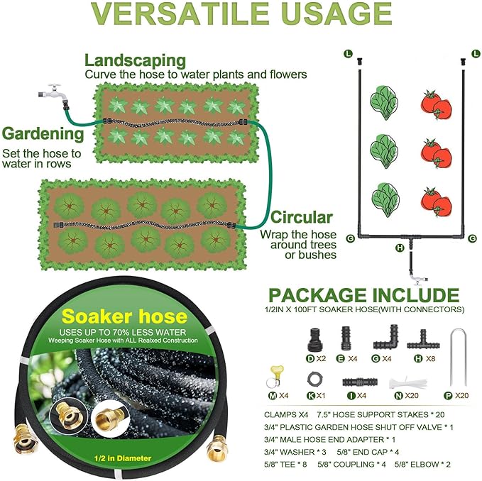 Soaker Hose with Solid Brass Connectors 100 FT for Garden Beds 1/2 Inch Longer Lasting Drip Irrigation Save 70% of Water Various Accessories Great for Lawn and Yard