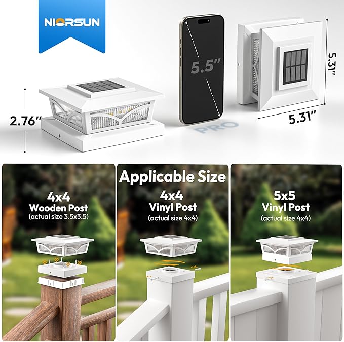 NIORSUN Solar Post Cap Lights Outdoor, 2 Modes LED, Deck Fence Post Solar Lights for 3.5x3.5 4x4 5x5 Caps Patio Garden Decoration, Warm White/Cool White Lighting White 4 Pack