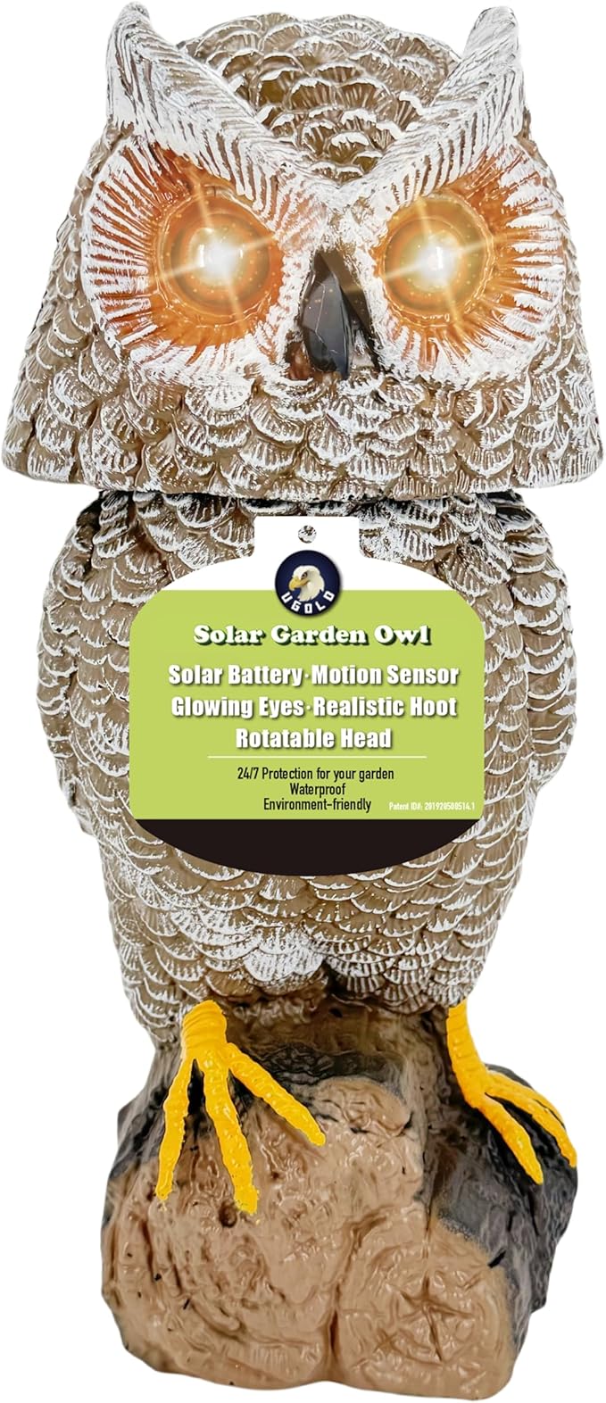 Solar Powered Garden Owl with Motion Detection, Rotating Head, Realistic Hoots and Silent Mode, Garden Sculpture, Plastic Owl Decoration for Home, Garden, Patio and Lawn