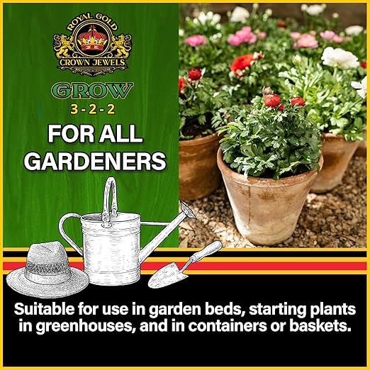 Royal Gold Crown Jewels Organic Grow 3-2-2 Dry Soluble Fertilizer, 10 lbs - Best for Improving Soil Before Planting, Encouraging Vigorous Growth and Plant Feeding