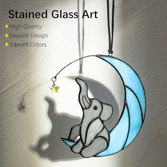 HDCRYSTALGIFTS Glass Elephant Ornament Stained Glass Window Hanging Decor, Modern Design Elephant on Moon with Star Collectibles Handcrafted Sun Catcher Gifts for Birthday Women