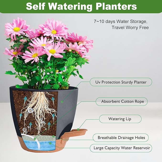 Planters for Indoor Plants, 8/7/6.5/6/5.5/5 Inch Self Watering Plant Planters with Drainage Hole, Plastic Planters Flower Pots for Indoor Outdoor Plants (Black)