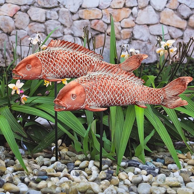 Koi Fish Decor Garden Sculptures & Statues, Outdoor Antique Copper Fish Statues Pond Zen Garden Decor Patio Backyard Lawn Porch Yard Art Decoration, Best Gift for Mother's Day, Set of 2, Large