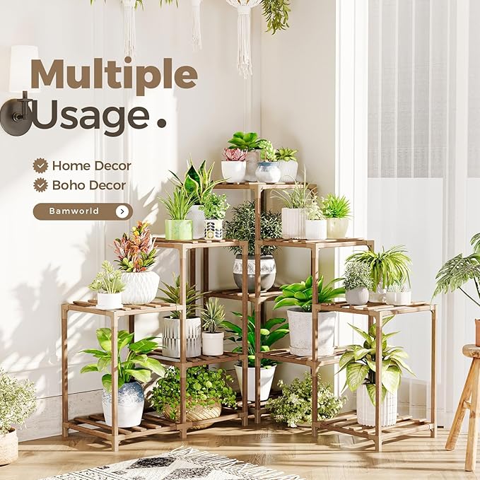 Bamworld Plant Stand Indoor Outdoor Corner Shelf 11 Potted Large Holder for Multiple Plants Wooden Tall Stands Combo Table Rack Garden Patio Lawn Window