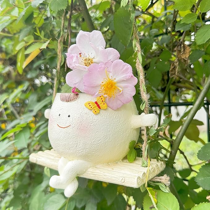 SUQ I OME Hanging Baby face Planter Pot with Butterfly Decorations,Indoor and Outdoor Resin Hanging Pot Decor