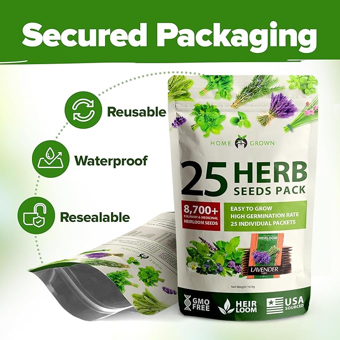 HOME GROWN 25 Herb Seeds Pack | 8700+ Heirloom Seeds | Indoor & Outdoor Planting | Culinary Herb Seeds Variety Pack | Perfect for Hydroponic Gardens | Arugula, Basil, Lavender & More