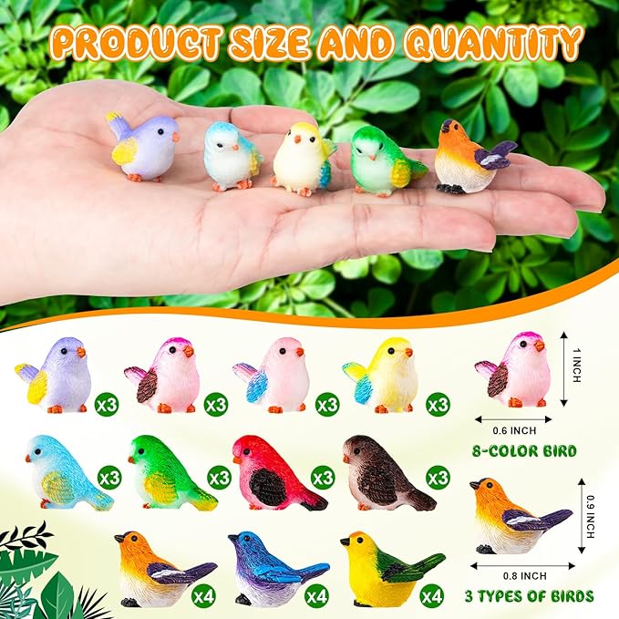 72PCS Miniature Cute Bird Decorative Figurines - Dollhouse Accessories, Mini Resin Birds Toy for Garden Crafts, Micro Landscape Home Meetings Decoration, Cake Topper (11 Styles)