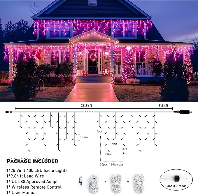 JMEXSUSS 400 LED Pink Valentine Lights, Connectable Pink Christmas Lights Indoor Outdoor with Remote, Pink Icicle String Lights for Room Fireplace Decorations