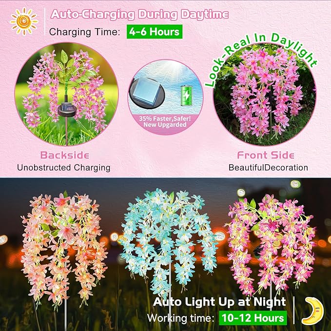 Neporal Solar Flowers Outdoor Waterproof IP65, 5 Lilac Flower Vines with 140+ Flowers, Warm Light & 2 Lightning Modes, 6PK Blue/Pink/Purple Solar Garden Lights Outdoor for Garden, Yard, Pathway Decor