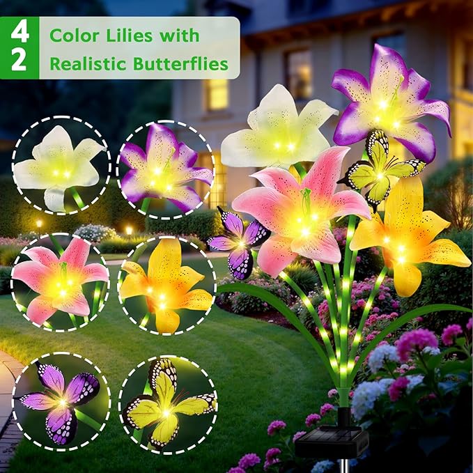 Solar Garden Lights 4 Pack 16 Lily Flowers with Butterfly Decor, Waterproof Solar Flower Lights for Outdoor - Upgraded Decorative Lilies for Yard, Patio, Pathway Decorations & Gardening Gifts