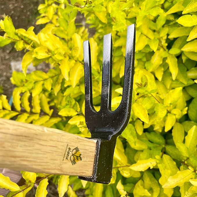 14 inch Japanese Hand Tiller/Rake for Garden, 3-tines Cultivator, Without Welding, Oak Handle, for Digging, Soil Preparation, Chopping Through Roots and Hard Soil and Other Gardening tasks