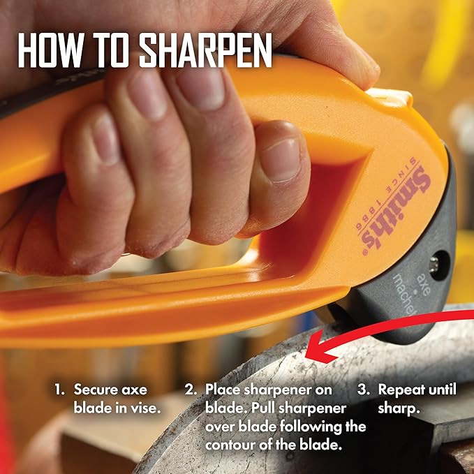 Smith’s 50582 Axe & Machete Sharpener - Axe, Machete, Hatchet, & Mower Tools - Large Handle w/ Finger Guard - Handheld Manual - Replaceable Carbide Blades - Wire-Bristled Cleaning Brush - Durable