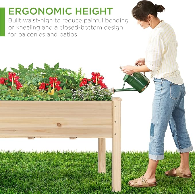 Best Choice Products 34x18x30in Raised Garden Bed, Elevated Wood Planter Box Stand for Kids, Backyard, Patio, Balcony w/Bed Liner, 150lb Capacity - Natural