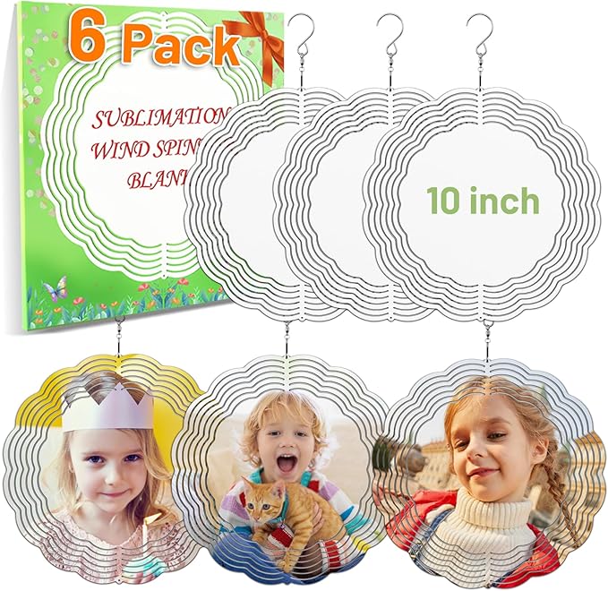 Remiawy Sublimation Wind Spinner Blanks, 6 Pack 10 Inch 3D Aluminum Metal Hanging Wind Spinners Sublimation Blanks Kinetic Sculpture DIY Crafts for Yard Garden Indoor Outdoor Porch Decoration Round