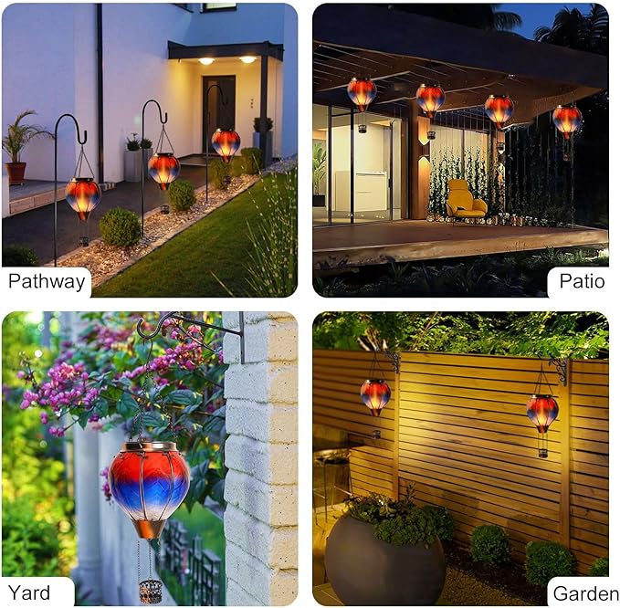 pearlstar Hot Air Balloon Solar Lantern with Flickering Flame Light Outdoor Solar Hanging Lights Waterproof for Garden Yard Farmhouse Patio Pathway Outside Decoration,Glass(Red&Blue)