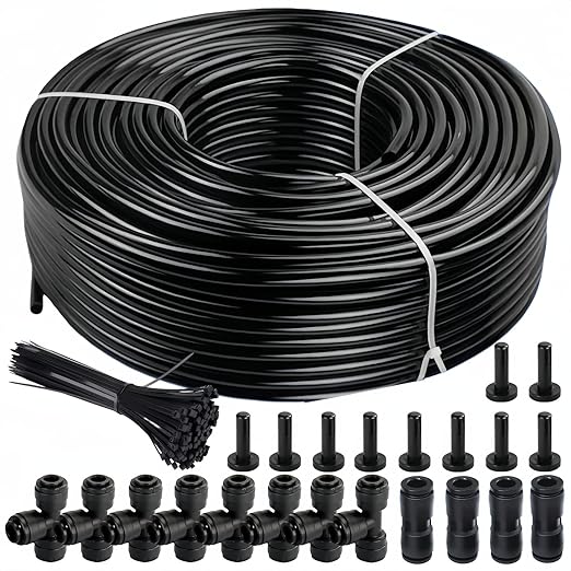 1/4in. Drip Irrigation Tubing - 200FT Drip Line Irrigation System Parts for Garden(Includes 1/4" Straight Connector, Ends, T Connectors, Cable Zip Ties)