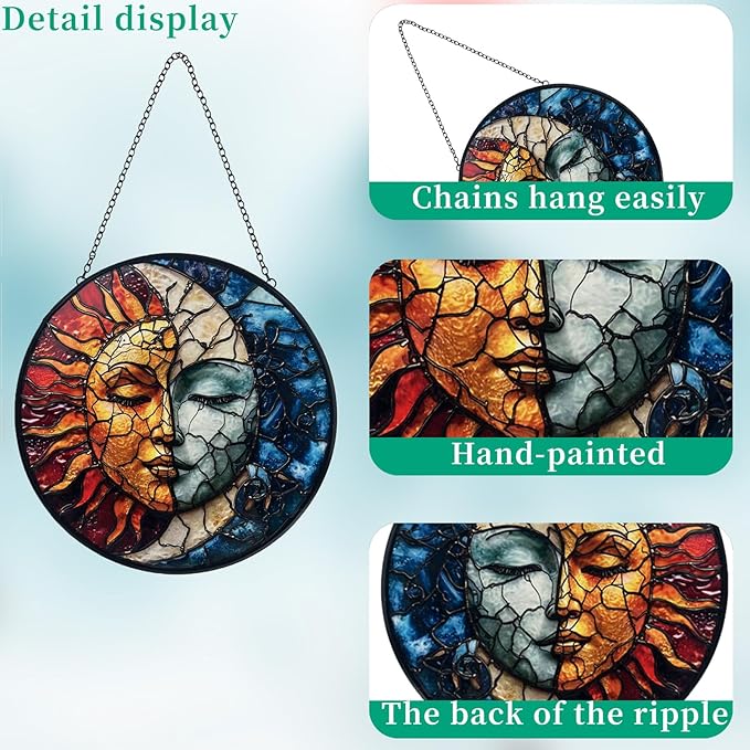 Sun and Moon Decor Suncatcher Stained Glass Window Hanging - Handmade Stained Glass Suncatchers Hanging Decoration with Metal Chain - Outdoor Garden Decor Gift for Women Christmas Thanksgiving Gifts