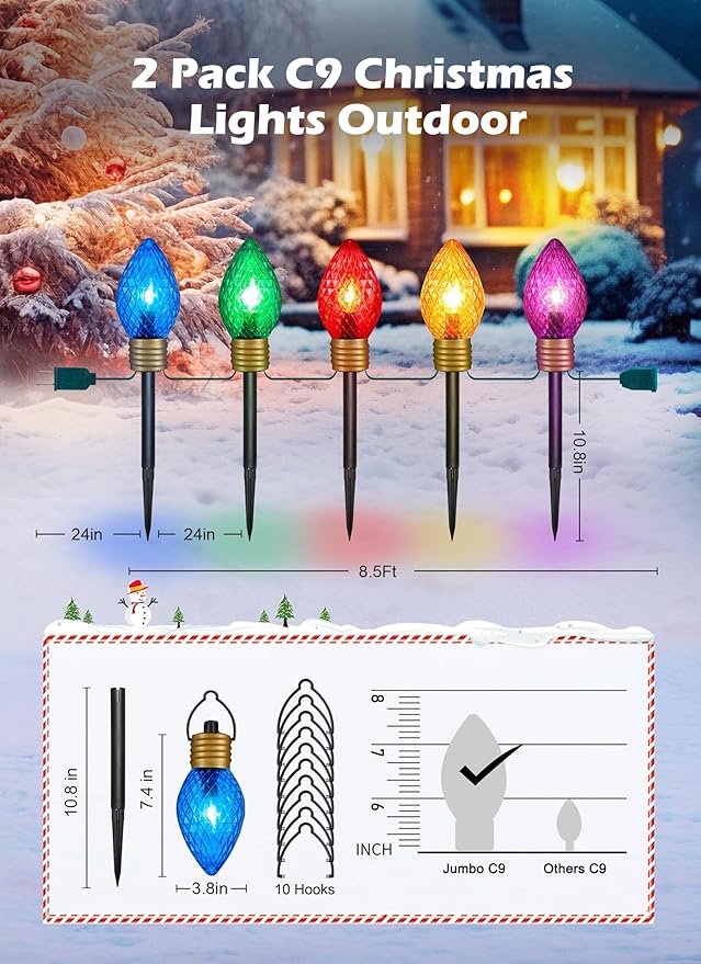2 Pack Jumbo Lights C9 Christmas Pathway Lights Outdoor - 10.5 Feet 5 Lights Strawberry C9 Walkway Lights, C7 Lights Covered Jumbo Multicolor Light Bulb Outdoor Decorations for Lawn Garden Outside
