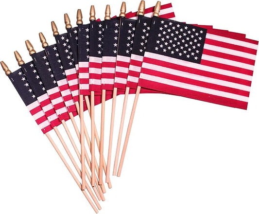 American Flags on Stick - Handheld Spearhead US Flag for 4th of July, Memorial Day Event Decorations - Patriotic Decor for Indoors & Yard - Wooden Stick, Cotton Fabric (4"X6" - 12 Pack)