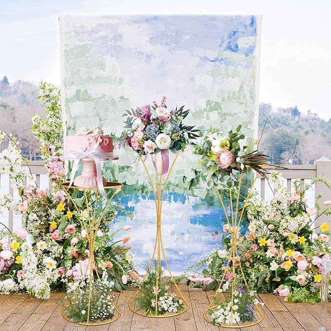 chamvis Gold Metal Plant Stand, 3 Pcs Tall Cylinder Pedestal Stands for Parties and Weddings, Gold Round Cylinder Tables for Living Room and Patio Decor (Hourglass)