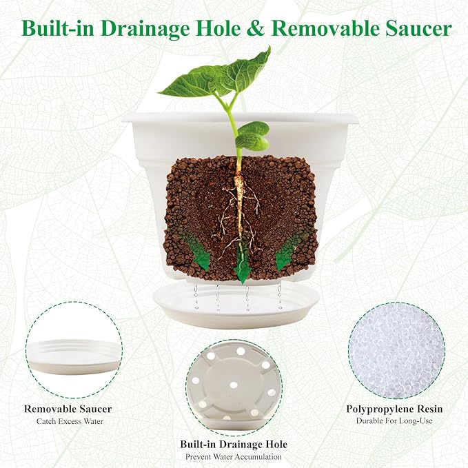 9 Inch Plastic-Flower Pot-for-Indoor Plants, 4 Pack Large Outdoor Planter Pot with Drainage Holes & Saucers, Resin Decorative Garden Pots Planters