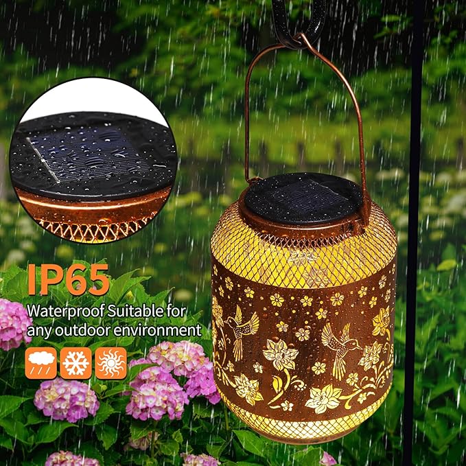 2 Pack Hummingbirds Solar Lanterns Outdoor Waterproof Garden Decor Birthday Gifts for Women Mom Grandma, Hanging Solar Lights Metal Lantern Decoration Outside for Yard, Patio, Backyard, Porch