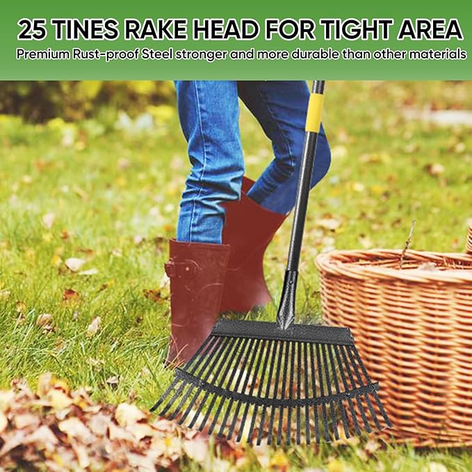 Garden Leaf Rakes, 6FT Rakes for Lawns Heavy Duty 25 Metal Tines 18.5 inch Wide, Adjustable Long Steel Handle, Rakes for Leaves, Gathering Shrub, Leveling Grass, Flower Beds, Yards