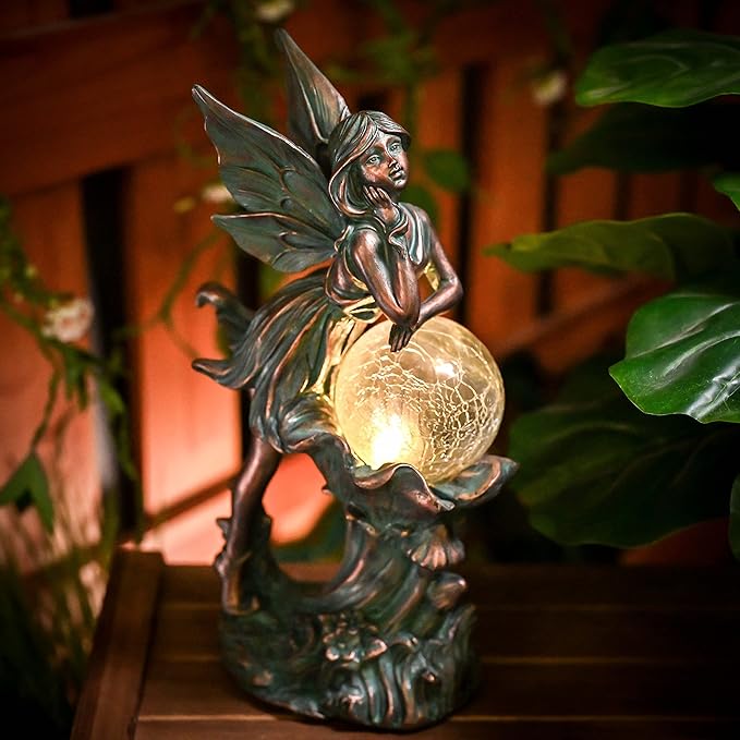 TERESA'S COLLECTIONS Fairy Garden Statues Outdoor Solar Light for Outdoor Decor, Patina Bronze Fairy Resin Garden Decor Sculptures with Crackle Glass, Lawn Ornaments Yard Decor Gifts for Mom, 12.4"