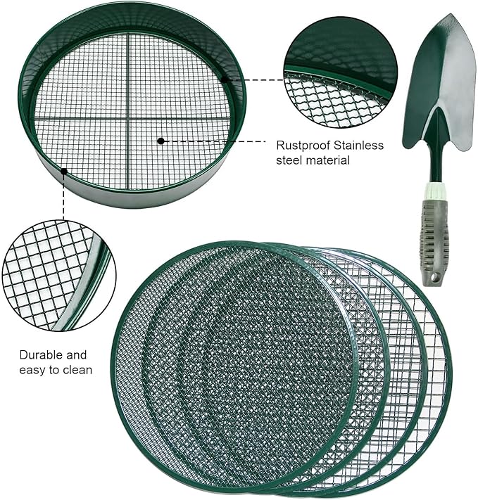 Soil Sieve Sifter Set with Shovel Gloves, Garden Sieve Set with 4 Interchangeable Mesh 3,6,9,12mm, Dirt Sifter for Sand, Rock, Compost, Soil Scoops Garden Tool (Green Sieve Set)