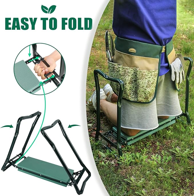 G GOOD GAIN Garden Kneeler Stool Seat,Foldable Garden Bench with Tools Bag Pouch,Thicken & Widen Soft EVA Foam Pad Outdoor Portable Kneeler Stool with Garden Apron Bags.Honey