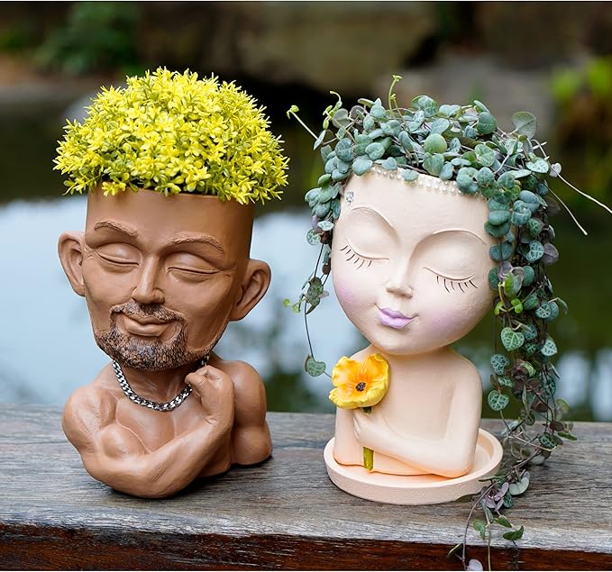 Beefcake Face Planter Pots Head Planter Man Face Planters Pot Head Face Flower Pot Head Planter with Drainage Hole Mscular Man(Brown)