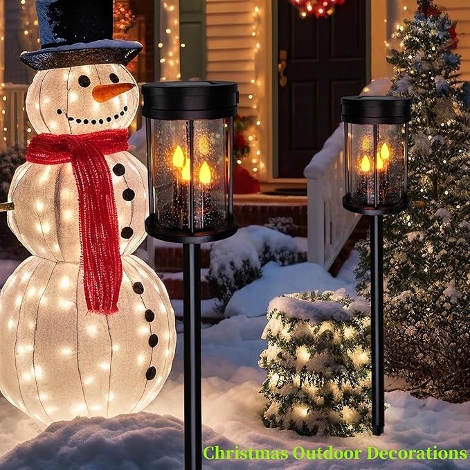 Outdoor Garden Solar Stake Lights Flickering Candle Lantern Lighting for Yard, Lawn, Patio, Pathway, Wall Decoration (2Pack, Black)