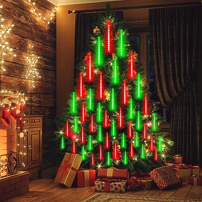 EXF 2-Pack Meteor Shower Lights Outdoor Waterproof, Rain Drop Christmas Light Total 384 LED 30cm 16 Tubes Snow Cascading String Lights Plug in for Xmas Tree Wedding Party Garden Décor (Red and Green)