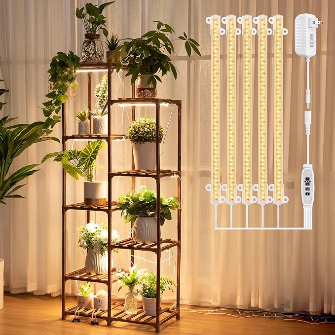 Dreyoo Plant Shelf with Grow Light, 8 Tiered Wood Plant Stand Indoor with Full Spectrum Grow Light for Corner, Multi Layer Tall Lighted Flower Stand for Living Room/Balcony/Outdoor/Garden Display