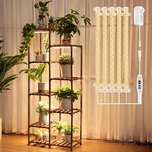 Dreyoo Plant Shelf with Grow Light, 8 Tiered Wood Plant Stand Indoor with Full Spectrum Grow Light for Corner, Multi Layer Tall Lighted Flower Stand for Living Room/Balcony/Outdoor/Garden Display