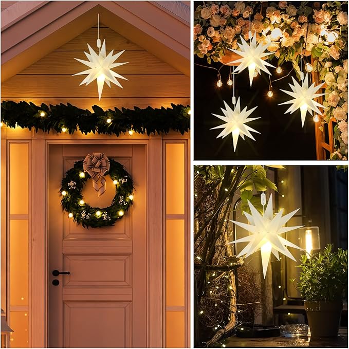 Kingdder 8 Pieces Moravian Star Light LED 3D Star Hanging Light Powered by Battery with Timer Function White Porch Lantern Holiday Decor for Indoor Outdoor Christmas Tree Balcony Courtyard (12 Inch)