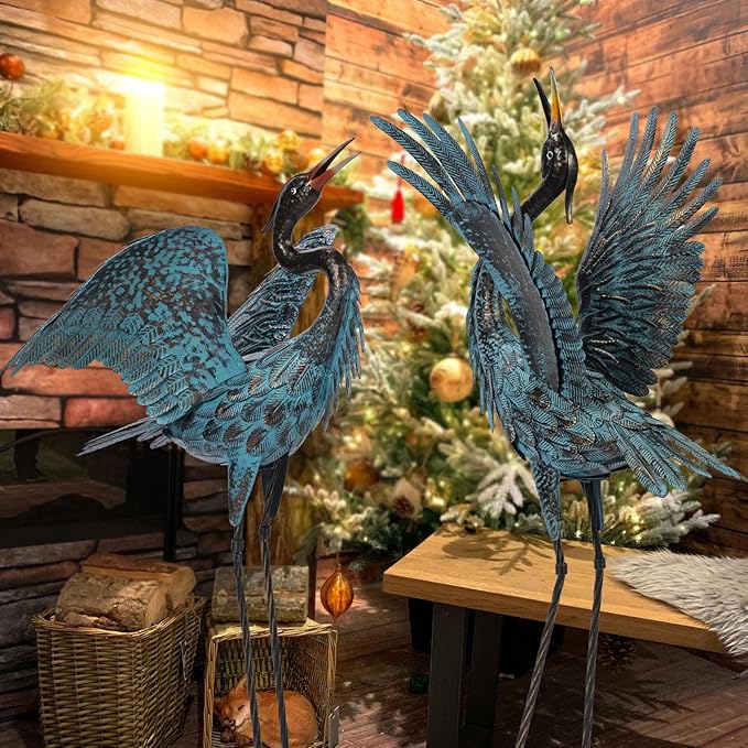 Natelf Garden Crane Sculptures & Statues, Blue Heron Decor Outdoor Large Bird Yard Art, Standing Metal Herons Lawn Ornaments for Home Patio Porch Backyard Decorations(Set of 2)