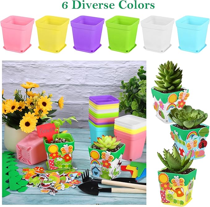 Elcoho 36 Set Garden Plastic Pot Craft Kit Plant Spring Craft Kits for Kids Flower Pots with 150 Foam Stickers 36 Labels 24 Certificate of Awards 3 Tools Planting Growing Kit for Kids, Mixed Colors