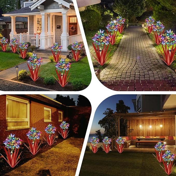 Homight Solar Metal Agave Butterfly Flower Stick Garden Sculpture - Outdoor Christmas Lights, Swaying Solar Lights Gift (2 PCS RED)