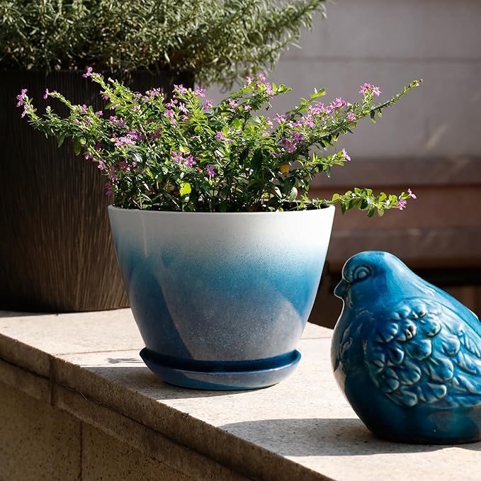 Worth Garden Plastic Round 8" Planters for Indoor Plants - Set of 6 Multicolor Small Gloss Flower Pots with Drainage Holes and Saucers - Home Decorative Christmas Containers