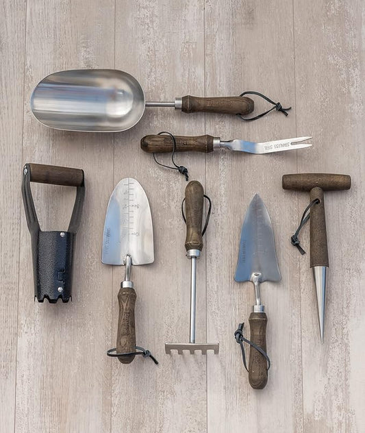 Burpee Complete 7-Piece Set of Stainless Steel Garden Bulb Planter, Rake, Dibbler, Soil Scoop, Transplanter, Weeder, Trowel | Hand Tools with Leather Strap for Storage