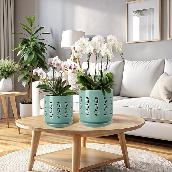 Ceramic Orchid Pots with Holes, 5 Inch+6 Inch Orchid Planter with Drainage Holes and Tray, Indoor Flower Pot for Repotting Orchids, Elegant Indigo Glaze