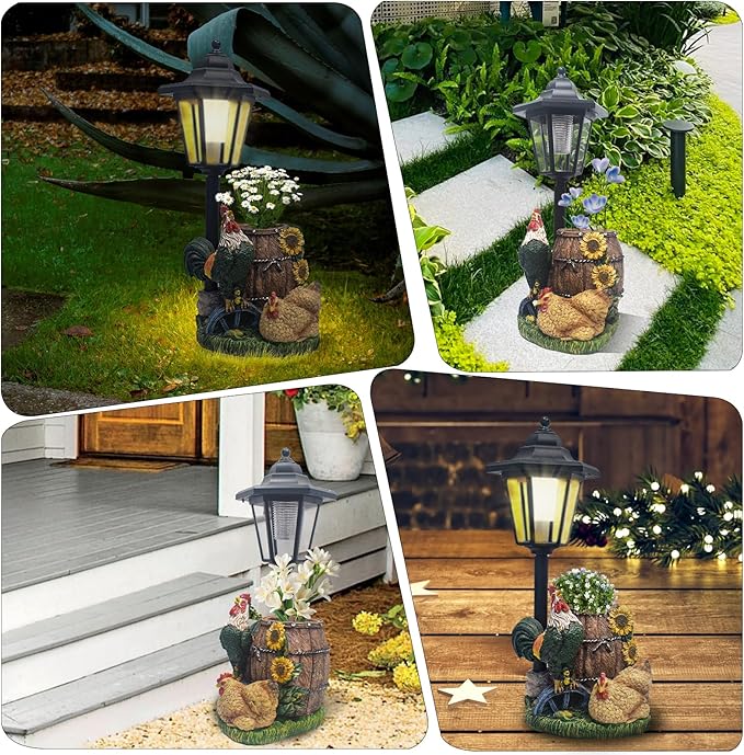 Rooster Statues Outdoor Solar Sculptures with Solar Lights and Flowerpot Funny Garden Decor Animal Figurines Resin Outdoor Statues for Patio Yard Lawn Balcony Grandma Mom Gifts