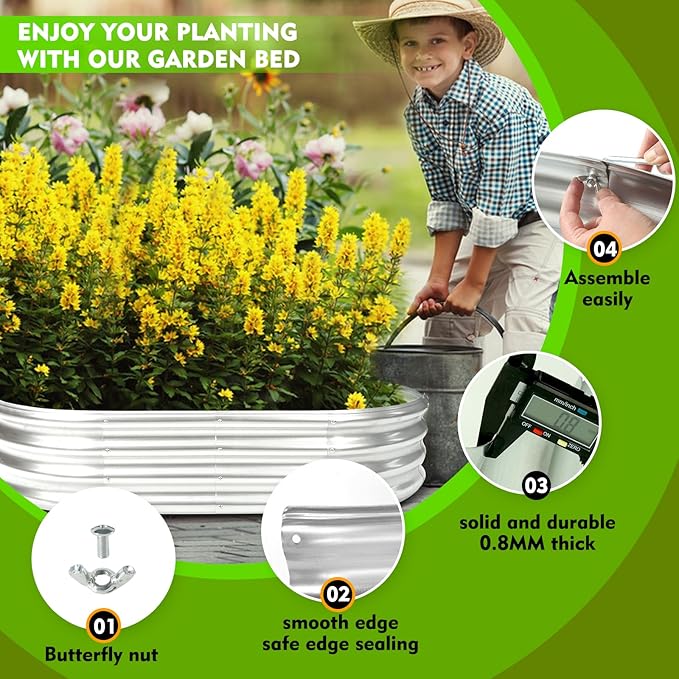 Durable -0.8MM Thick,Crimped Edge 6X3X1 FT Large Oval Galvanized Steel Raised Garden Bed/Galvanized Metal Planter Box for Planting in The Backyard/Garden (Silver, 72X36X12 Inches)