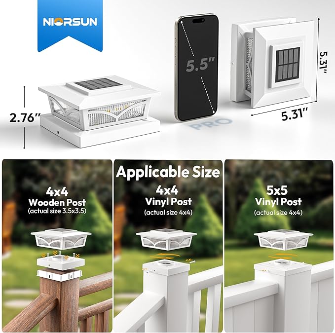 NIORSUN Solar Post Cap Lights Outdoor, 2 Modes LED, Deck Fence Post Solar Lights for 3.5x3.5 4x4 5x5 Post Caps Patio Garden Decoration, Solar Post Lights Warm White/Cool White Lighting White 12 Pack