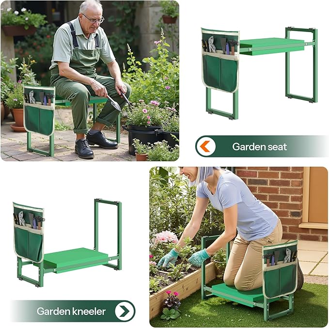 Garden Kneeler and Seat 10.2" Width, Garden Stool Load Cap 350 lbs, Garden Tools with Bags, Gardening for Women, Grandparents, Seniors, and Gardeners, Green JJ01GK02