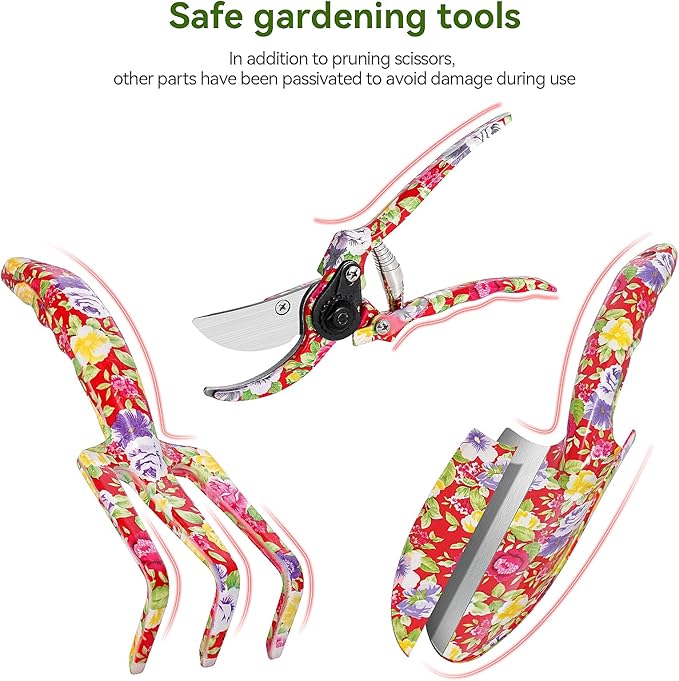 FLORA GUARD 3 Piece Aluminum Garden Tool Set - Trowel, Cultivator, Pruning Shear, Tool Set for Gardening Needs (Red)