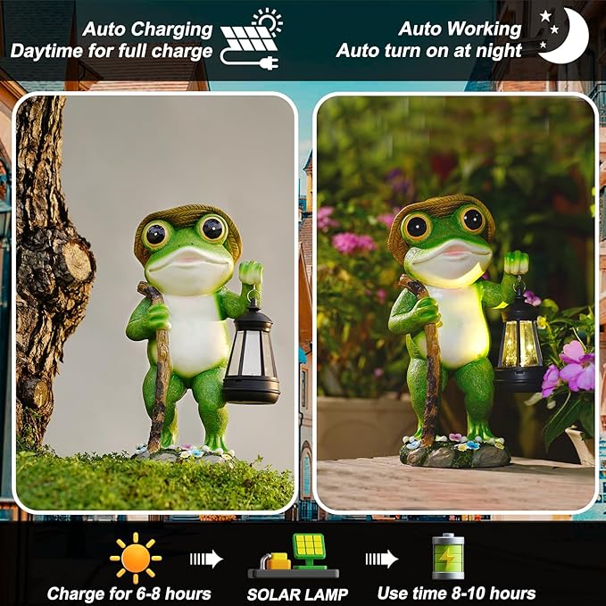 Solar Frog Garden Decor with Lantern Outdoor Statue for Patio Pathway Frog Figurine for Yard Decoration Lawn Ornament Gardening Gifts for Women Mom Grandma